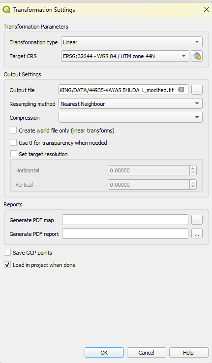 Open Transformation final option in Georeferencer Tool
